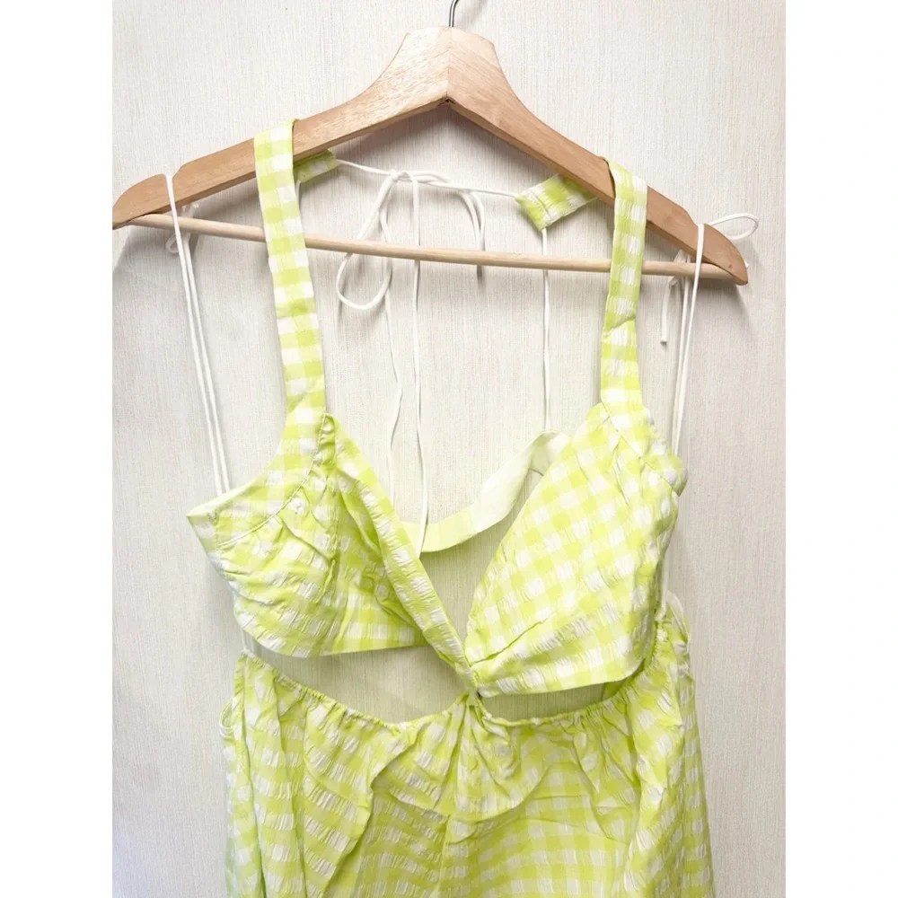 NWT For Love & Lemons Maureen Midi‎ Dress Green Gingham Cutout Tie Back, Size L - Picture 4 of 10